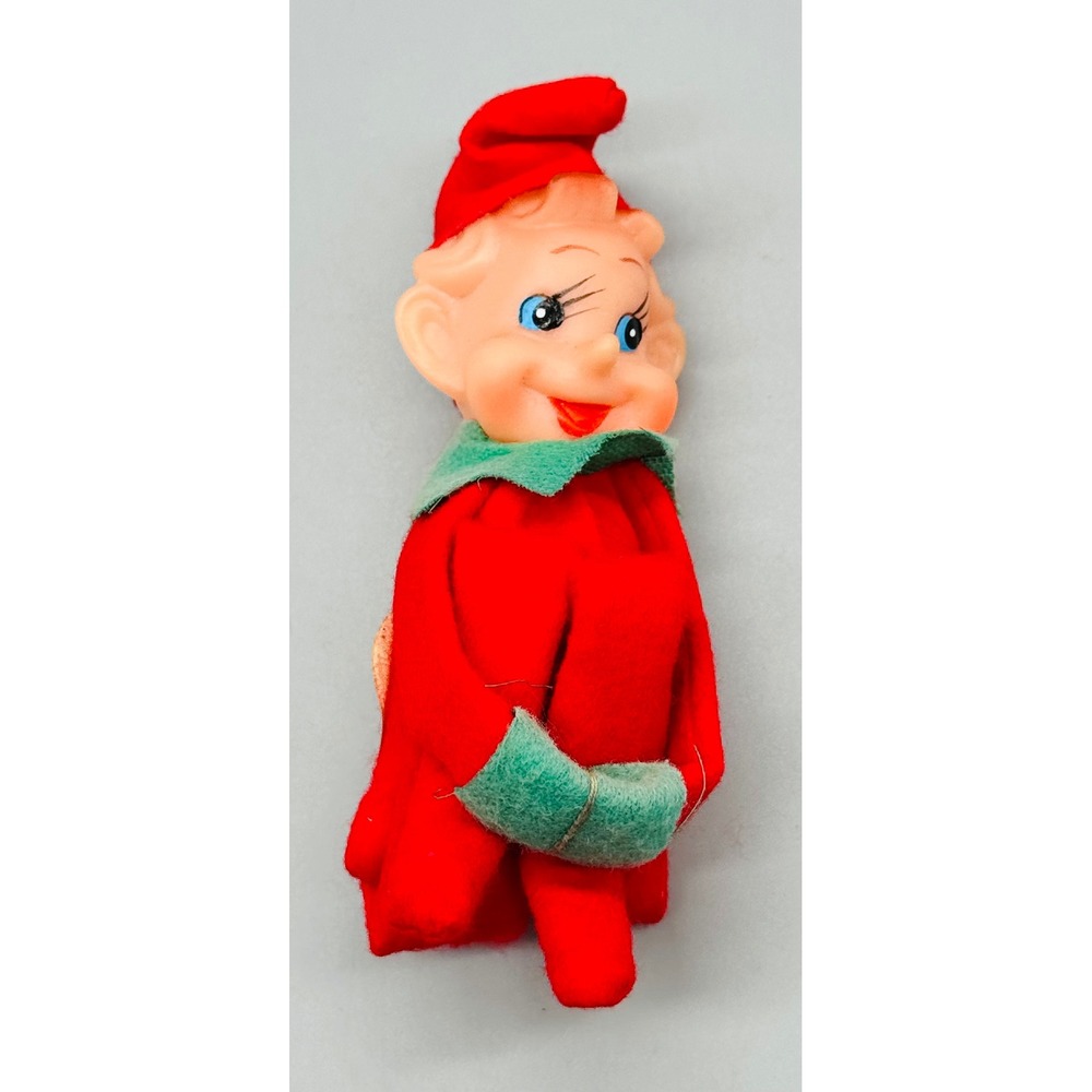 Mid Century Christmas Elf Knee Hugger Red Green Plastic Face Kitsch 1960s Japan